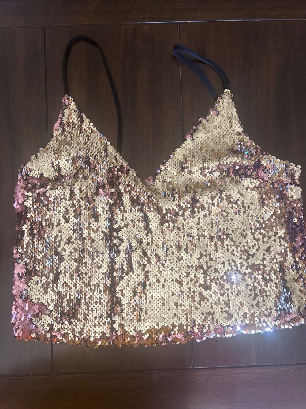 Topshop Rose Gold & Gold Flippable Sequin Crop Top Spaghetti Strap Lined - Picture 2 of 10